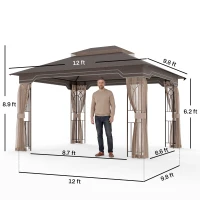 Outsunny 10' x 12' Patio Gazebo Outdoor Canopy Shelter with Double Tier Roof and Nettings for Garden Lawn Backyard Deck, Brown(m-3)
