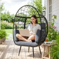 Outsunny Rattan Egg Chair, Indoor Outdoor Lounger with Cushions and Cup Holder for Backyard, Garden, Lawn, Living Room, Grey(m-1)
