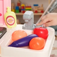 Qaba Kids Kitchen Playset, Play Kitchen with Lights, Sounds, Circulating Water Sink, Storage, 33 PCS for 3-6 Years, Pink(m-9)