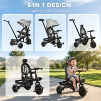 Qaba Tricycle for Toddler 5 in 1 Kids Trike, Foldable Converts Stroller to Toddler Bike, Adjustable Backrest & Curved Canopy, Detachable Guardrail & Handle for 1-5 Years Old, Grey(m-4)