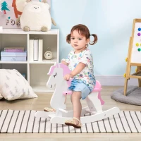 Qaba Little Wooden Rocking Horse Toy for Kids' Imaginative Play, Children's Small Baby Rocking Horse Ride-on Toy for Toddlers 1-3, Pink and White(m-2)