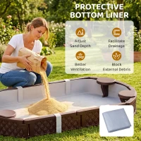 Qaba Kids Sandbox with Cover, 4 Corner Seats, Bottom Liner for Backyard, Garden, Outdoor, 71" x 42" W x 9", Dark Brown(m-6)