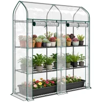 Outsunny 3 Tier Mini Greenhouse, Small Portable Greenhouse with 2 Roll-up Doors, 56.3" x 18.1" x 65", Clear(m-11)