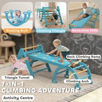 Qaba 7-in-1 Pikler Triangle Set, Foldable Wooden Climbing Toys with Arch, Ramp and Ladder for Toddlers 1-4 Years, Blue(m-4)