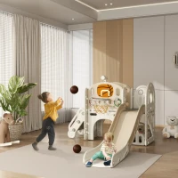 Qaba 7-in-1 Toddler Slide, Kids Slide for Ages 1-6 Years w/ Ring Toss, Basketball Hoop, Telescope Climber, Storage Space(m-2)