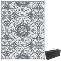 Outsunny Portable Outdoor Rug with Carry Bag, 9' x 12' Reversible Mat, Waterproof Plastic Straw RV Rug for Backyard, Deck, Picnic, Beach, Camping, Gray & White Flower(m-2)