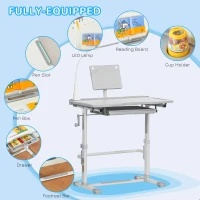 Qaba Kids Desk and Chair Set, Height Adjustable School Study Table and Chair, Student Writing Desk with Tilt Desktop, LED Light, Pen Box, Drawer, Reading Board, Cup Holder, and Pen Slots, Grey(m-7)