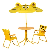 Outsunny Kids Folding Picnic Table and Chair Set Pattern Outdoor Garden Patio Backyard with Removable & Height Adjustable Sun Umbrella Yellow(m-11)