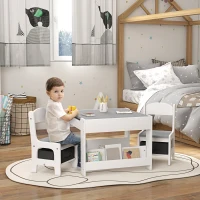 Qaba 3 Piece Kids Table and Chair Set with Reversible Tabletop, Blackboard, Storage, Bookshelf, for Playroom, Nursery, Grey(m-1)