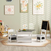Qaba 3 Piece Kids Table and Chair Set with Reversible Tabletop, Blackboard, Storage, Bookshelf, for Playroom, Nursery, Grey(m-8)