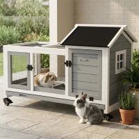 PawHut Wooden Rabbit Hutch with Wheels, Run, Slide-out Tray for Small Animals, Guinea Pig, Blue(m-12)
