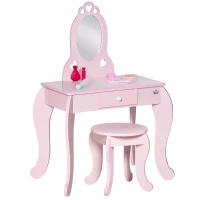 Qaba Kids Vanity Table Set with Mirror and Stool, Drawer, for 3-6 Years, Pink(m-9)