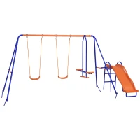 Outsunny 4 in 1 Metal Swing Set with Double Swings, Glider, Slide, Ladder for Backyard, Outdoor, Playground, Multicoloured(m-2)