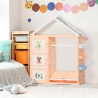 Qaba Kids Dress Up Storage, Multifunctional Kids Wardrobe Closet Hanging Rack Built for Kids Bedroom Storage, Featuring Bins, Cabinets, Top Shelf, and Drop-In Shelves, Orange(m-10)