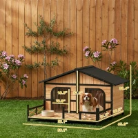 PawHut Dog House Outdoor, Wooden Dog Kennel Weatherproof with Porch, Openable Roof, Removable Bottom, Elevated Floor, Double Room for 2 Small to Medium Breeds, Natural(m-3)