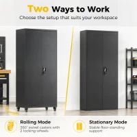 HOMCOM Metal Storage Cabinet, 71" Tall Lockable Steel Tool Cabinet with Removable Wheels and Adjustable Shelves, Black(m-5)
