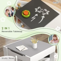 Qaba 3 Piece Kids Table and Chair Set with Reversible Tabletop, Blackboard, Storage, Bookshelf, for Playroom, Nursery, Grey(m-4)
