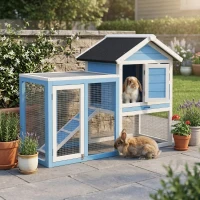 PawHut 49" Wooden Rabbit Hutch Bunny Cage with Waterproof Asphalt Roof, Fun Outdoor Run, Removable Tray and Ramp, for Rabbits, Chickens, Ducks, Light Blue(m-11)