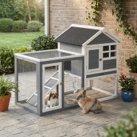 PawHut Indoor Rabbit Enclosure, 48" Weatherproof Wooden Rabbit Hutch, with Slanted Asphalt Roof & Fun Outdoor Run for Bunnies & Ferrets - Gray(m-2)