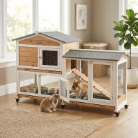 PawHut 62" Wooden Mobile Rabbit Hutch with Wheels, Run Box, Slide-out Tray, Ramp, Yellow(m-2)