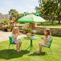 Outsunny Kids Folding Picnic Table and Chair Set Pattern Outdoor Garden Patio Backyard with Removable & Height Adjustable Sun Umbrella Green(m-1)