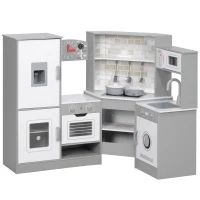 Qaba Corner Play Kitchen, Pretend Play Kitchen Set with Lights & Sounds, Stove Ice Maker Microwave Oven(m-9)