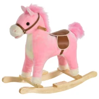 Qaba Rocking Horse Plush Animal on Wooden Rockers, Baby Rocking Chair with Sounds, Moving Mouth, Wagging Tail, Pink(m-11)