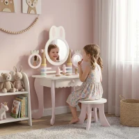 Qaba Kids Vanity Set, Kids Makeup Vanity Table and Chair with Triple Mirrors, 5 Pcs Accessories and Drawer for Girls 3+, Pink(m-8)