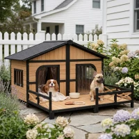 PawHut Dog House Outdoor, Wooden Dog Kennel Weatherproof with Porch, Openable Roof, Removable Bottom, Elevated Floor, Double Room for 2 Small to Medium Breeds, Natural(m-2)