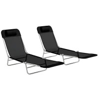 Outsunny Folding Outdoor Lounge Chair Set of 2, Reclining Tanning Chair with 5-Position Adjustable Backrest, Black(m-9)