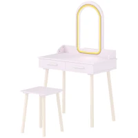 Qaba Kids Dressing Table, Girls Vanity Set with Stool, 3-Colour LED Lights Mirror, Large Drawer for Ages 3-8, Pink(m-2)