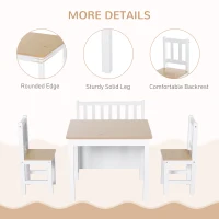 Qaba 4-Piece Set Kids Wood Table Chair Bench with Storage Function Easy to Clean Gift for Girls Boys Toddlers Age 3 Years up Natural and White(m-5)