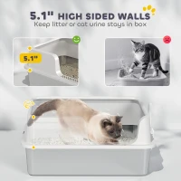PawHut Stainless Steel Litter Box with High Side, Scoop, Easy Cleaning & Anti-Urine Leakage, for Big Cats, Light Gray(m-4)