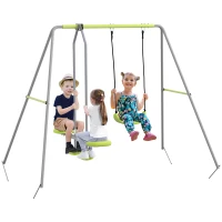 Outsunny Swing Set for Kids, Heavy Duty A-Frame Metal Swing Frame with Glider, Swing Seat, Ground Stakes for Backyard, Green(m-9)