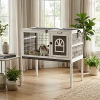 PawHut Wood Rabbit Hutch, Elevated Guinea Pig Cage with Run, Coffee(m-10)