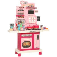 Qaba Kids Kitchen Playset, Play Kitchen with Lights, Sounds, Circulating Water Sink, Storage, 33 PCS for 3-6 Years, Pink(m-11)