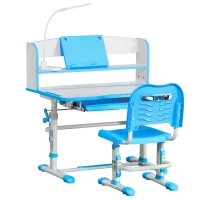 Qaba Kids Desk and Chair Set with Easy Rotation Handle, Height Adjustable Study Table and Chair Set with LED Lamp, Bookshelf, Drawer, Reading Board, Pen Slot, Hook, Blue(m-2)