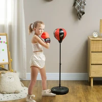 Qaba Height Adjustable Punching Bag for Kids w/ Stand & Boxing Gloves for 5-10 Years, Red(m-2)