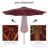 Outsunny 10' x 8' Bamboo Wooden Round Market Patio Sun Umbrella, Garden Parasol, Outdoor Sunshade Canopy, Wine Red(m-4)