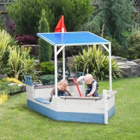 Outsunny Kids Sandbox with Canopy, Pirate Ship Wooden Sand Boxes with Bench for Backyard, Sand Pit for Toddlers, 83" x 43", Blue(m-10)