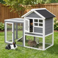 PawHut Indoor Rabbit Enclosure, 48" Weatherproof Wooden Rabbit Hutch, with Slanted Asphalt Roof & Fun Outdoor Run for Bunnies & Ferrets - Gray(m-8)
