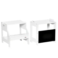 Qaba 2-in-1 Kids Kitchen Helper Step Stool, Detachable Toddler Table and Chair Set, Children Standing Tower for Kitchen Counter with Safety Rail Chalkboard, White(m-11)
