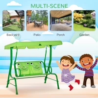 Outsunny Kids Patio Swing, Adjustable Canopy Swing Glider, Kids Outdoor Swing Chair with 2 Seats, Seat-Belted Safety, Green(m-6)