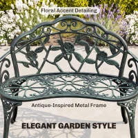 Outsunny Outdoor Bench, Cast Aluminum Outdoor Furniture, Metal Bench with Floral Rose Accent & Antique Finish, Green(m-4)