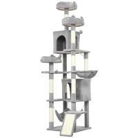 PawHut 76" Large Cat Tree for Indoor Cats with 8 Scratching Posts, 3 Plush Beds, 2 Hammocks, 2 Large Condos, Ramp, Light Grey(m-2)