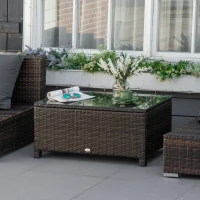 Outsunny Rattan Wicker Coffee Table with Glass Top Outdoor Garden Patio Furniture Brown Tempered(m-8)