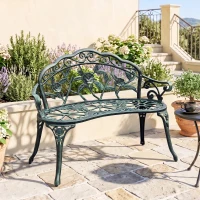 Outsunny Outdoor Bench, Cast Aluminum Outdoor Furniture, Metal Bench with Floral Rose Accent & Antique Finish, Green(m-10)