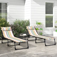 Outsunny 2 Folding Chaise Lounge Pool Chairs with 4-Position Reclining Back, Pillow, Breathable Mesh & Bungee Seat, Striped(m-12)