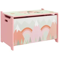 Qaba Toy Box, Kids Storage Chest with Lid, Safety Hinges and Groove Handles, Toy Storage Organizer with Rainbow Pattern for Boys, Girls, Pink(m-9)