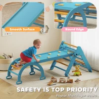 Qaba 7-in-1 Pikler Triangle Set, Foldable Wooden Climbing Toys with Arch, Ramp and Ladder for Toddlers 1-4 Years, Blue(m-5)